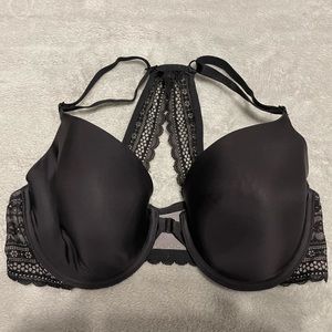 Victoria’s Secret black racer back bra with lace detailing and front closer.
